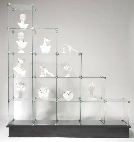 Glass Cube Display Unit, Glass Store Display Stand, Glass Shelves