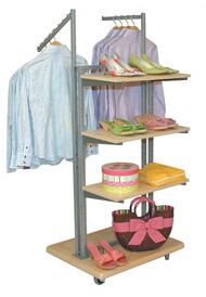 wooden rolling clothing rack, wooden display rack, wood garment rack, wooden display